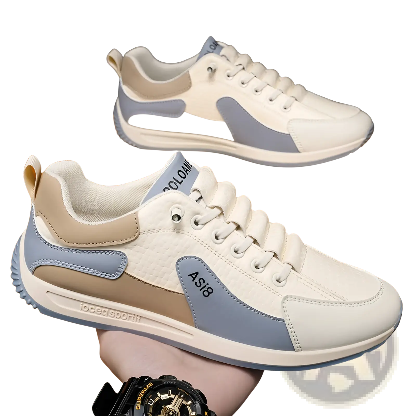 Men’s casual sports sneakers in white and light blue with beige accents featuring non-slip microfiber and stitched detailing