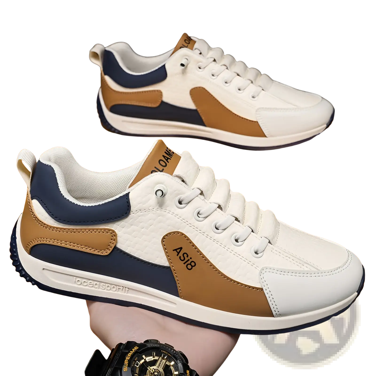 Men’s casual sports sneakers with white navy blue and tan color-blocked textured microfiber upper and rubber sole