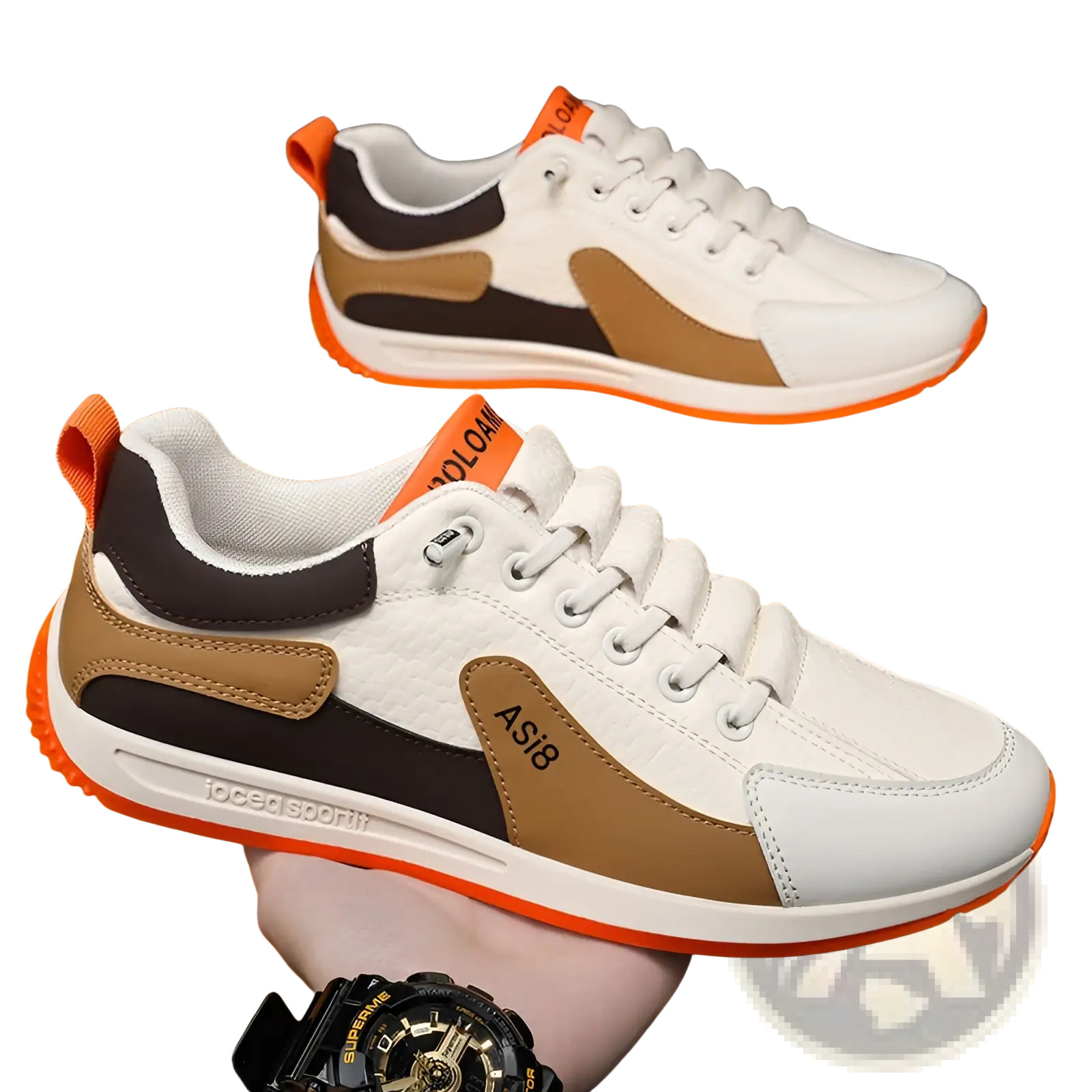 Men’s casual sports sneakers in white tan and black microfiber with orange accents non-slip sole for athletic use