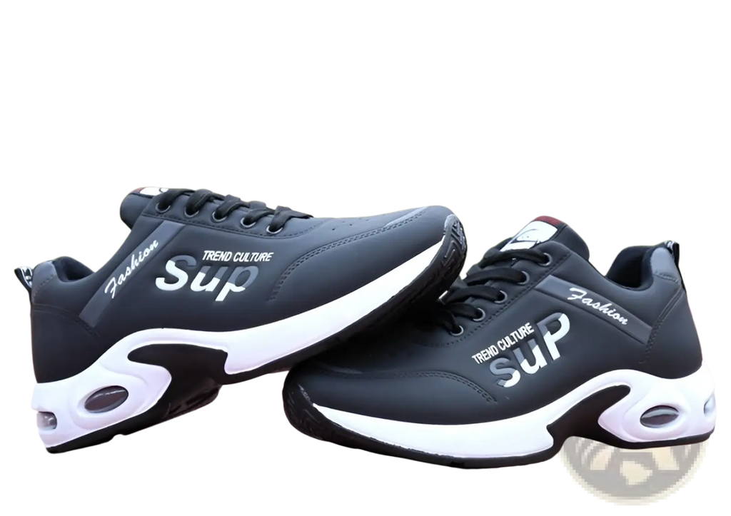 Men’s casual sportswear leather running shoes in black and white with trend culture sup branding on the side