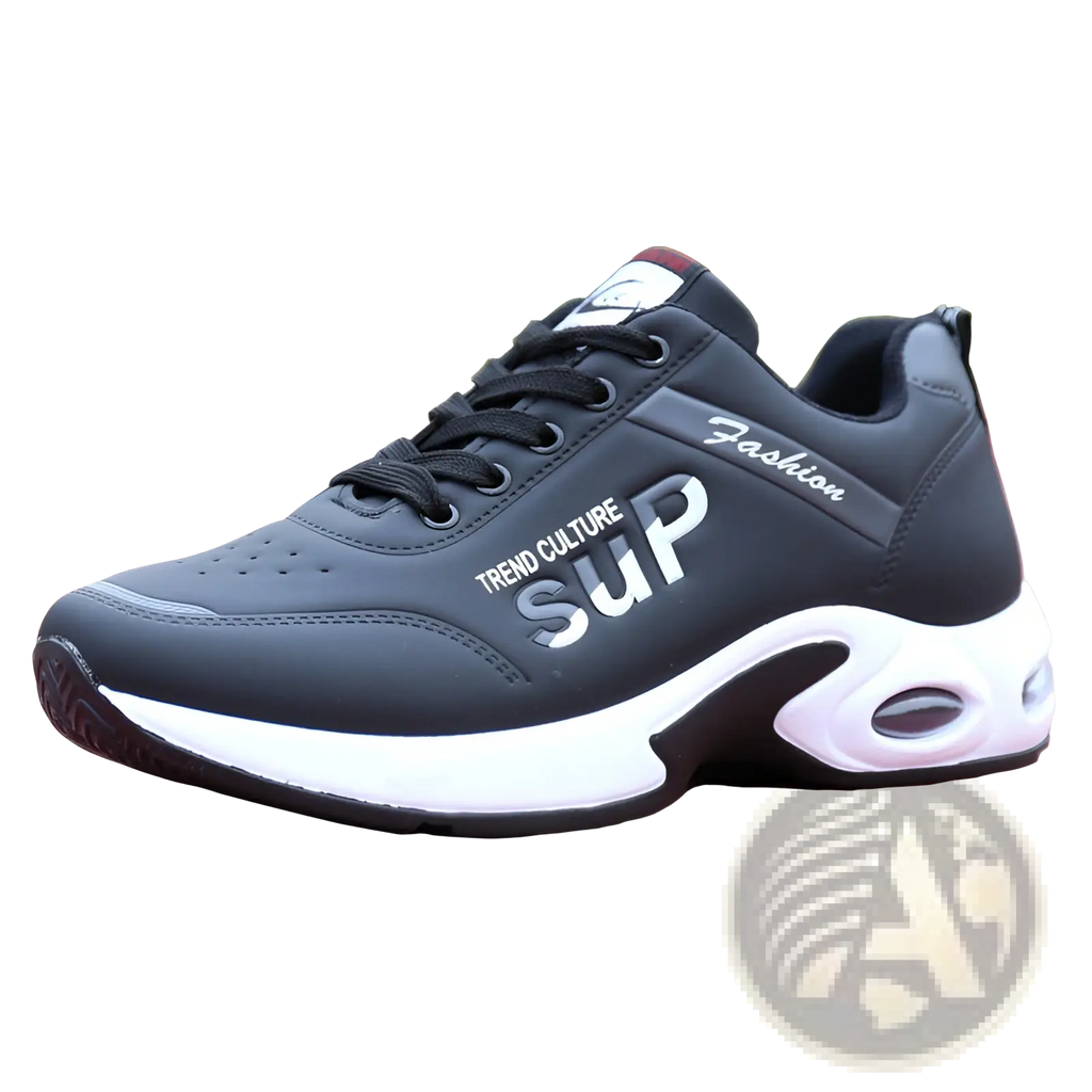 Men’s casual sportswear leather running shoe in black and white with breathable perforations and silver sup branding