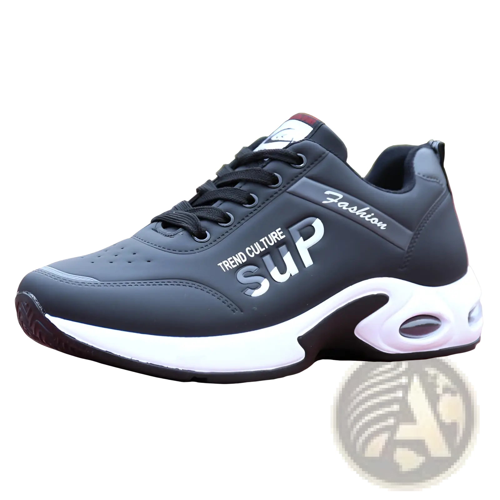 Men’s casual sportswear leather running shoe in black and white with breathable perforations and silver sup branding