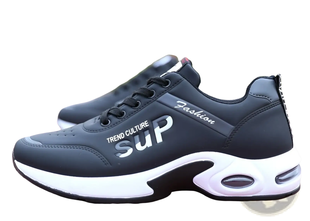 Men’s casual sportswear leather running shoes in black and white with bold sup logo and cushioned air-filled sole design