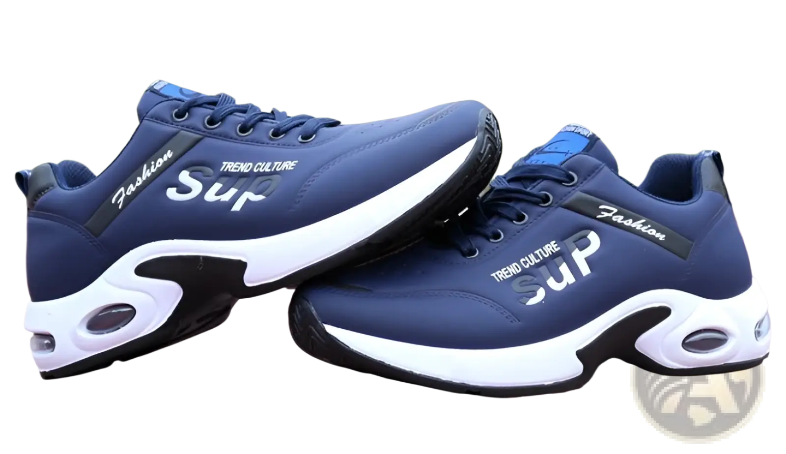 Men’s casual sportswear leather running shoes in navy blue with white black accents and trend culture sup branding