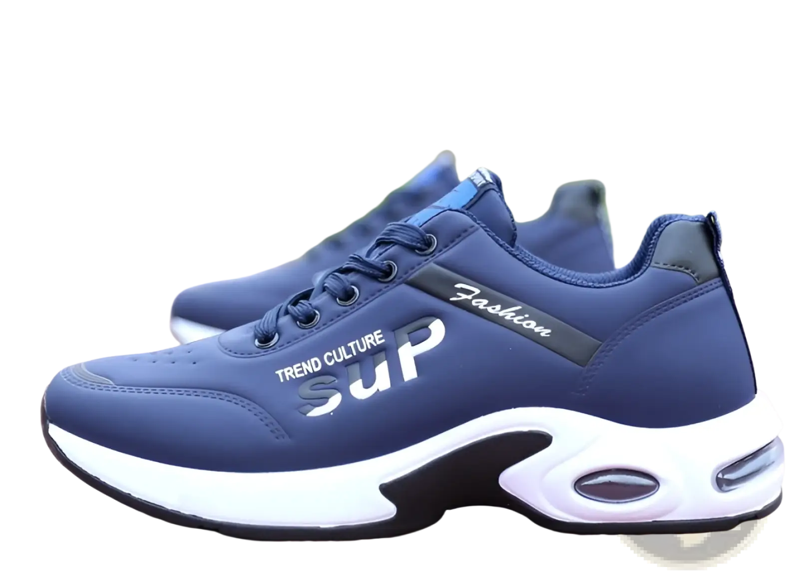 Men’s casual sportswear leather running shoe in navy blue with white and black accents and breathable mesh upper