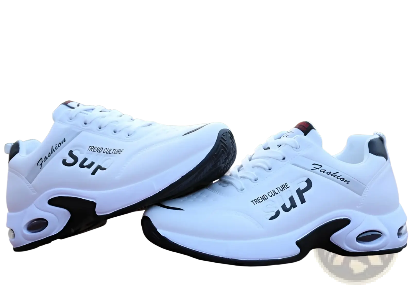 Men’s casual sportswear leather running shoes in white and black with trend culture and sur branding on the side