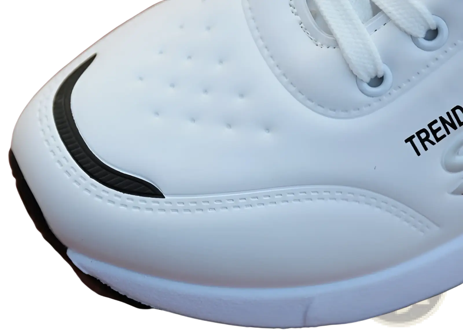 White men’s casual sportswear leather running shoe with black swoosh and trend branding on the side
