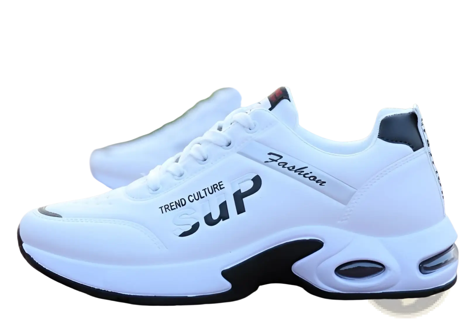 Men’s casual sportswear leather running shoes in white and black with chunky soles and trend culture fashion branding