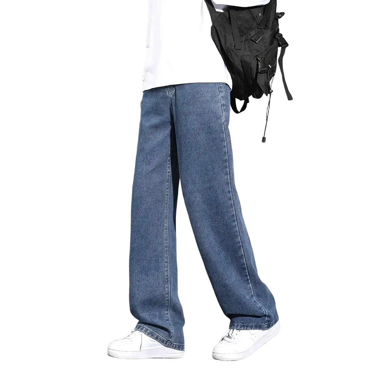 Men’s casual straight denim wide-leg jeans in blue with a relaxed fit made from durable denim material