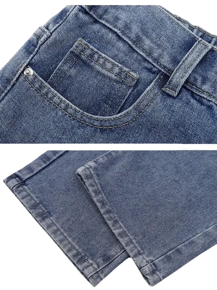 Men’s casual straight denim wide-leg jeans in blue with classic design and subtle fading on denim material