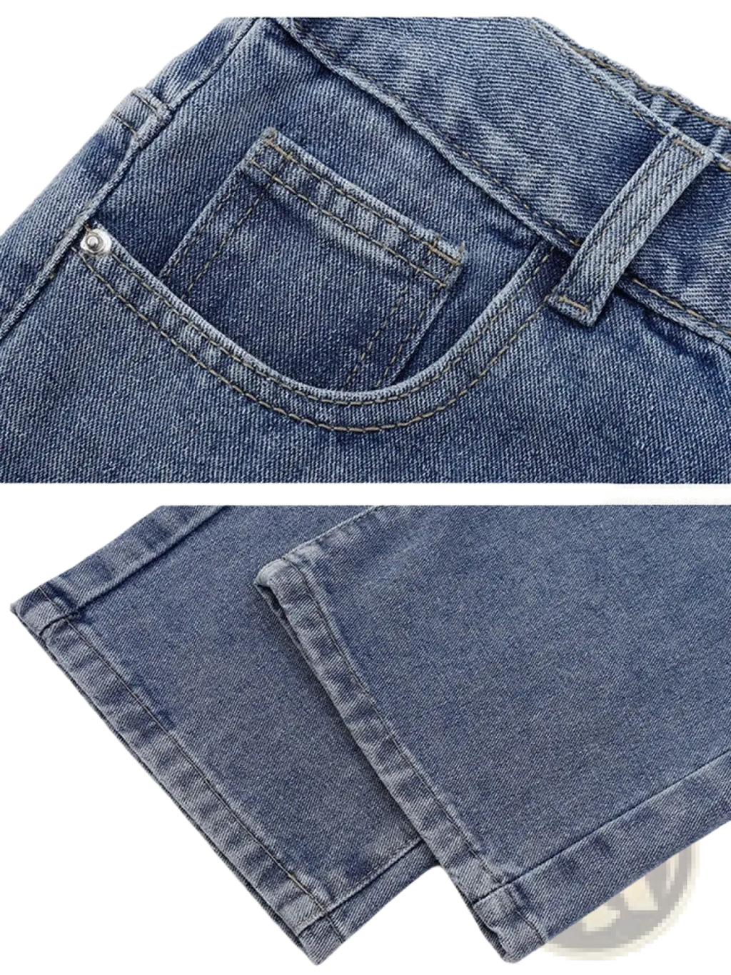 Men’s casual straight denim wide-leg jeans in blue faded wash with stitched pocket detail made from denim material