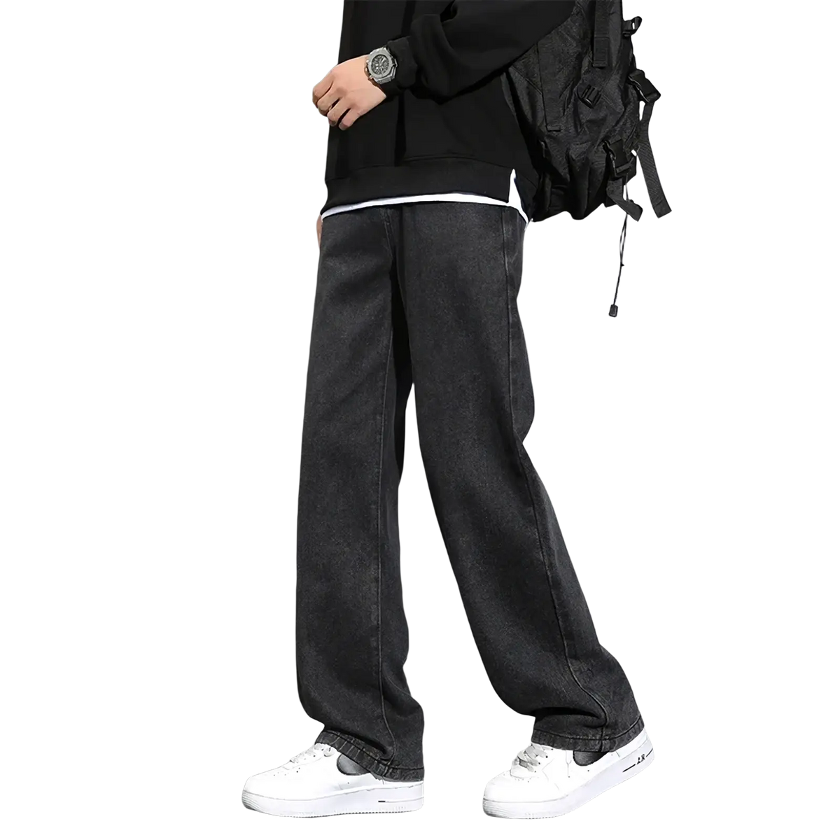 Men’s casual straight denim wide-leg jeans in dark-wash denim with a relaxed straight-leg cut for comfortable wear