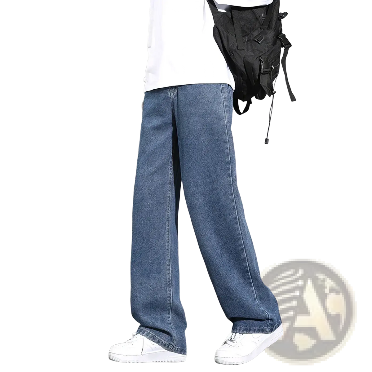 Men’s casual straight denim wide-leg jeans in blue with a relaxed fit made from durable denim material