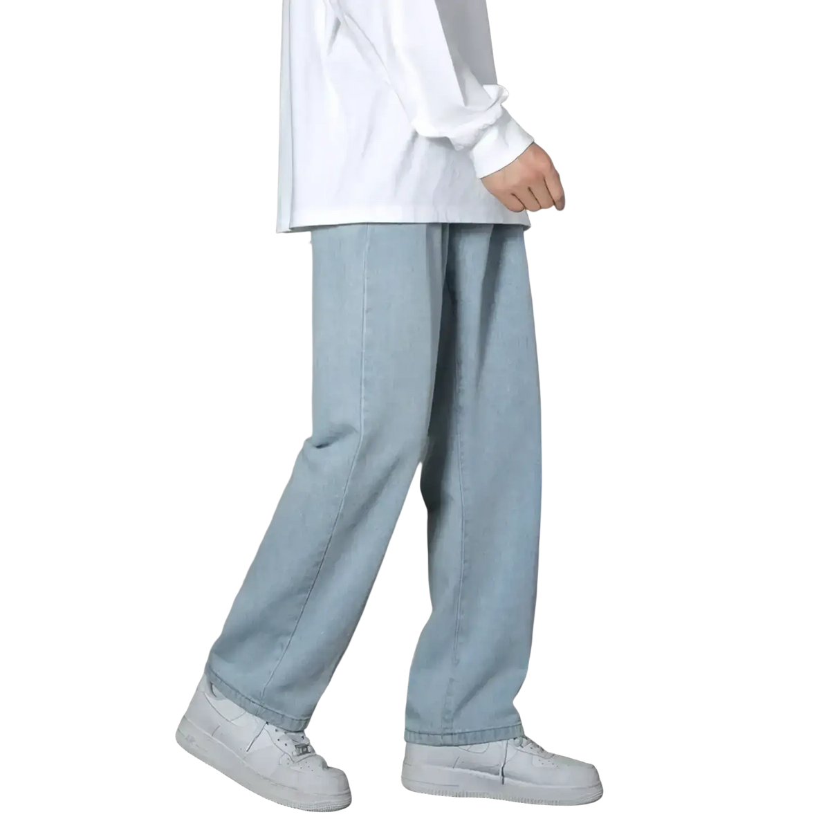 Light blue casual straight denim relaxed fit men’s jeans with a wide-leg design for casual wear