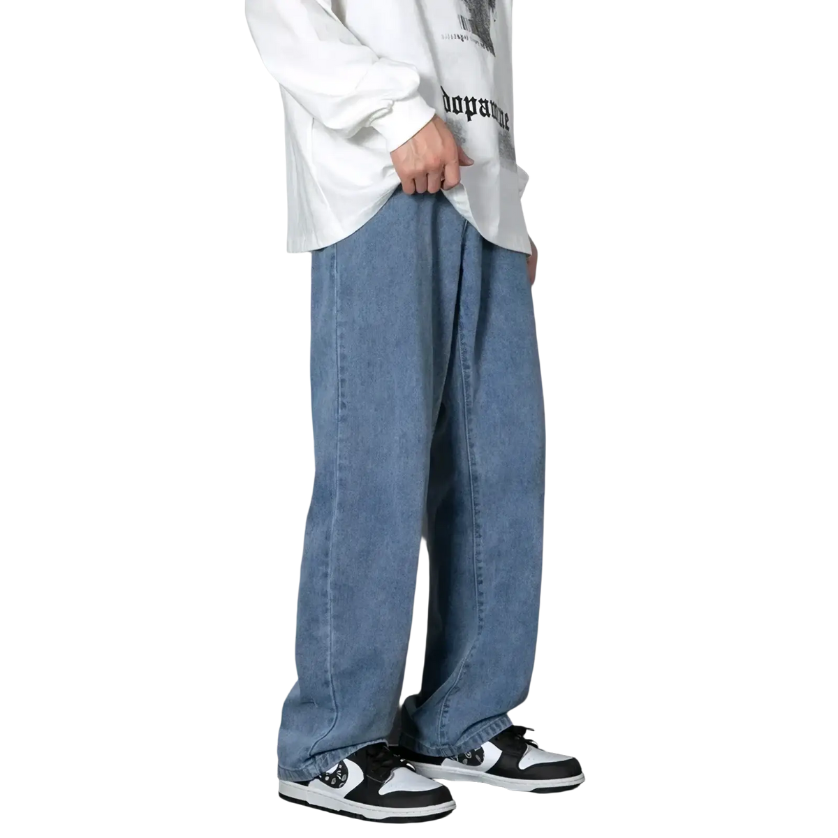 Men’s casual straight denim wide-leg jeans in light-wash denim with a relaxed straight-cut silhouette