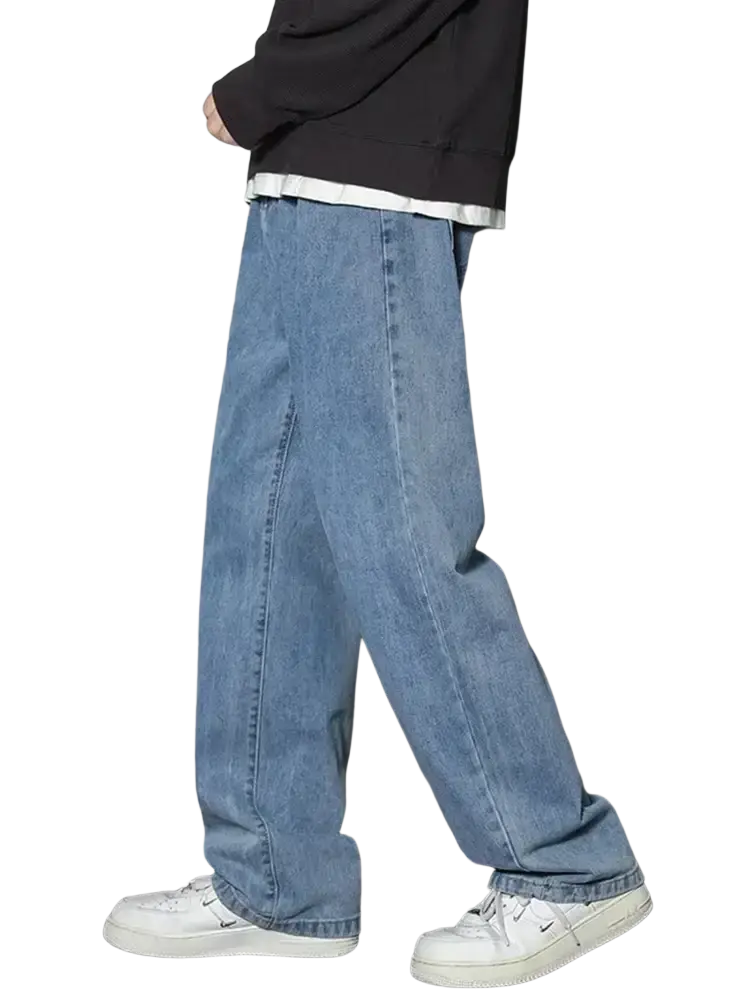 Men’s casual straight denim light-wash blue jeans with a relaxed, straight-leg cut in cotton material