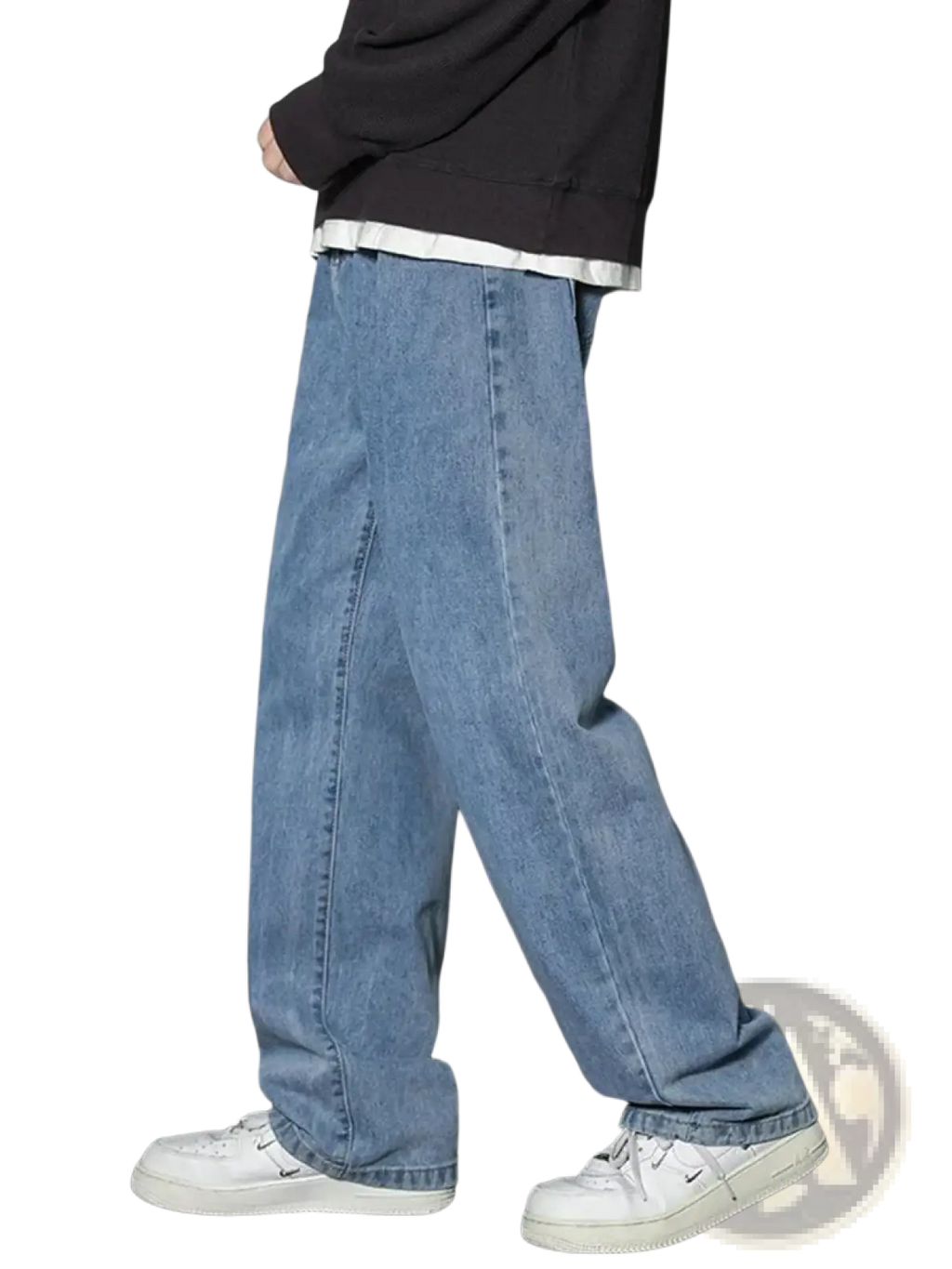 Men’s casual straight denim wide-leg jeans in light-wash blue denim with a relaxed straight-leg cut