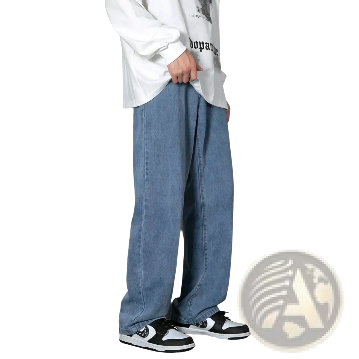 Men’s casual straight denim wide-leg jeans in light wash with relaxed and straight-cut silhouette