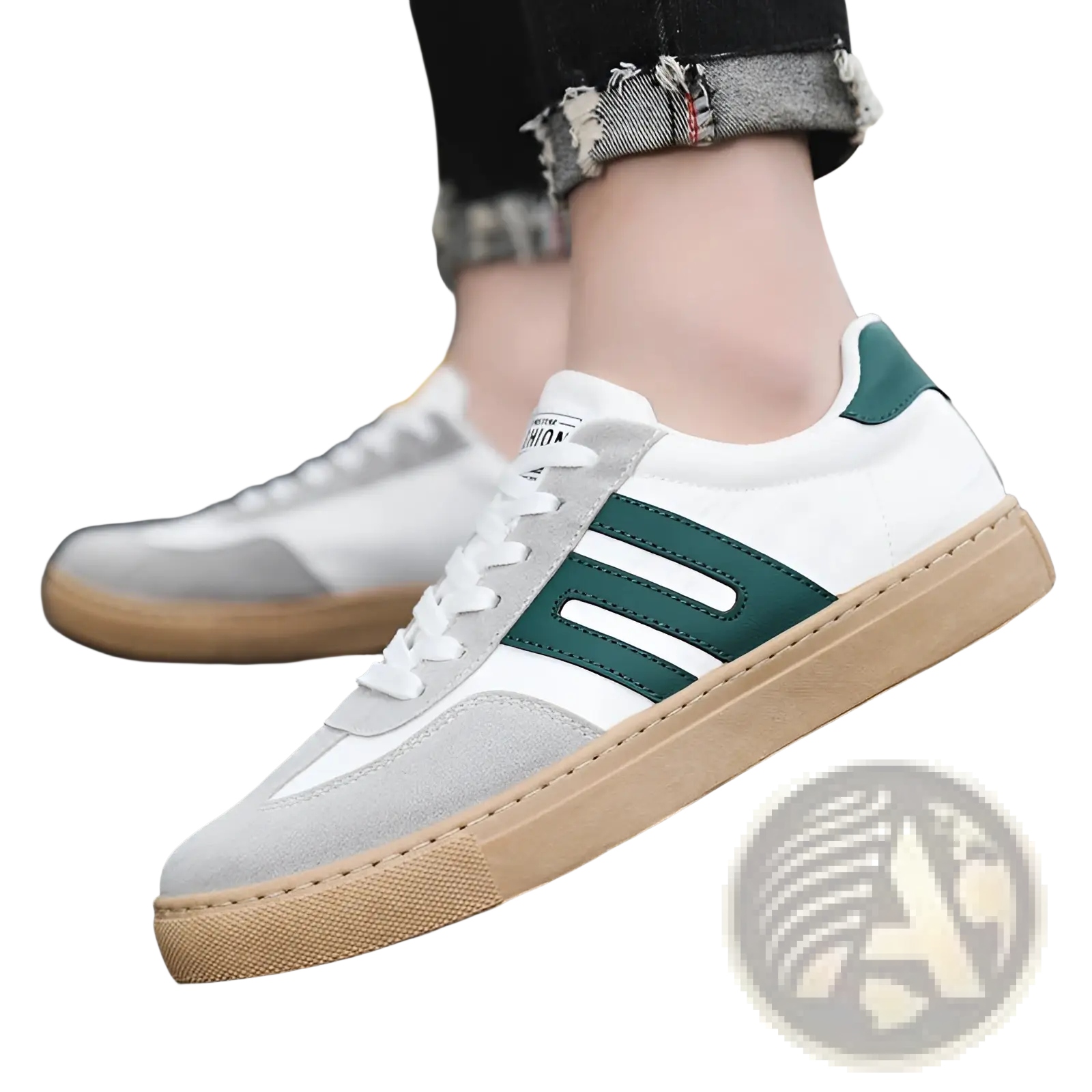 Men’s casual suede low top fashion board shoes in white and gray with bold green stripes and tan rubber soles