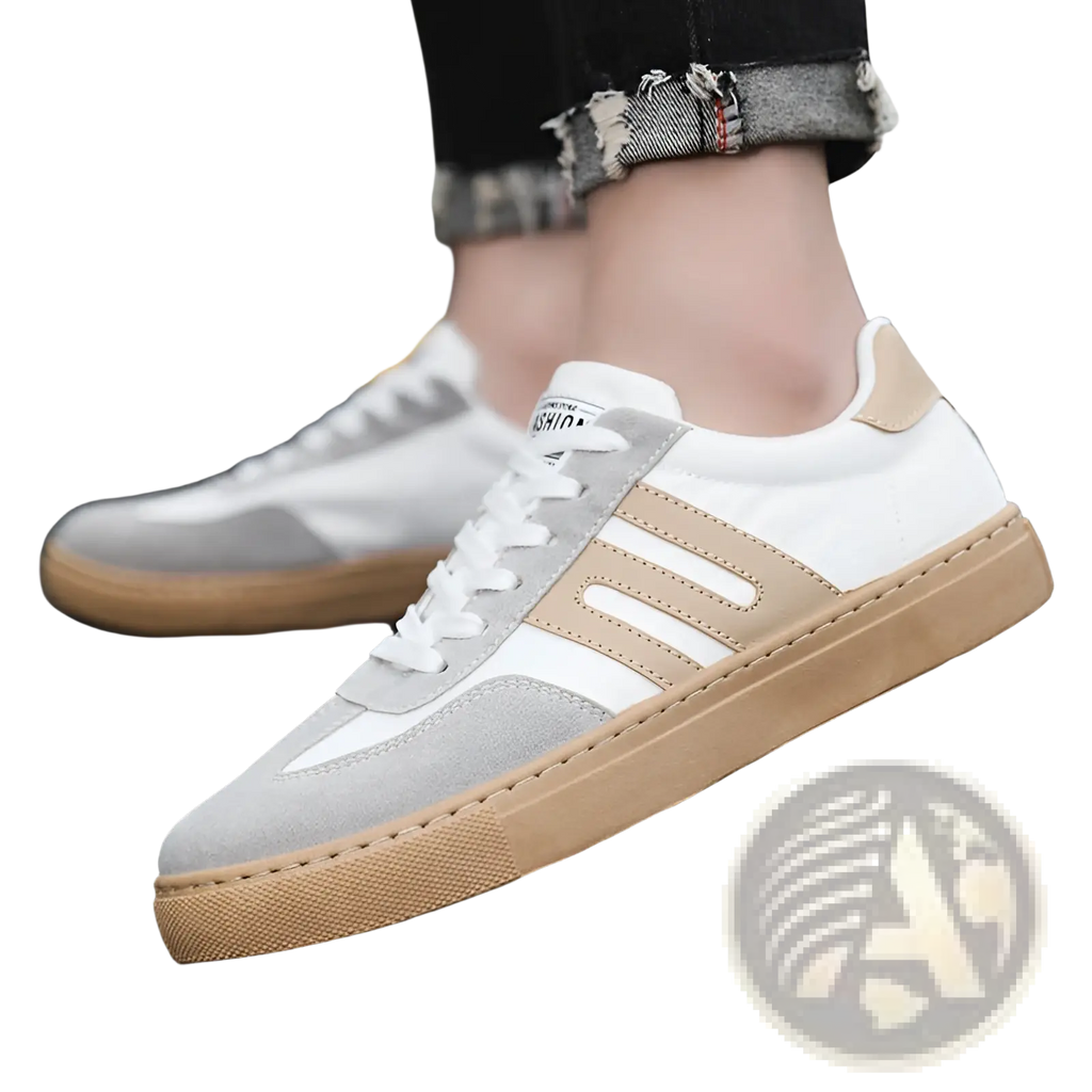 Men’s casual suede low top fashion board shoes in white and gray with beige accents and tan rubber sole