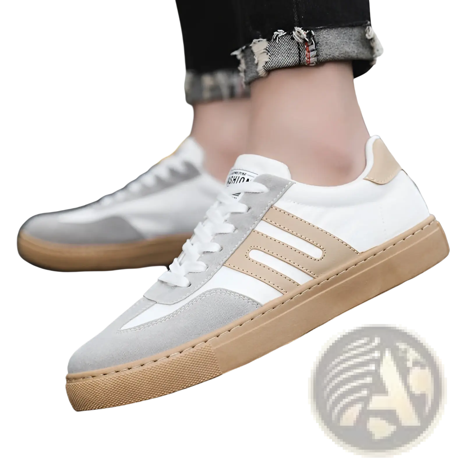 Men’s casual suede low top fashion board shoes in white and gray with beige accents and tan rubber sole