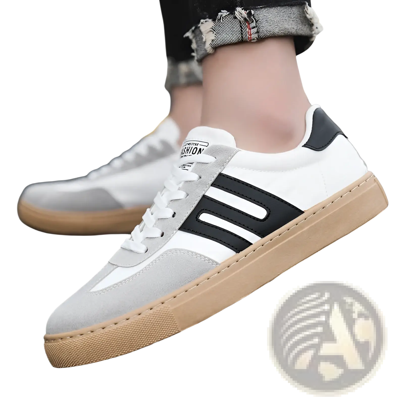 Men’s casual suede low top fashion board shoes in white and gray with black stripes and tan rubber soles
