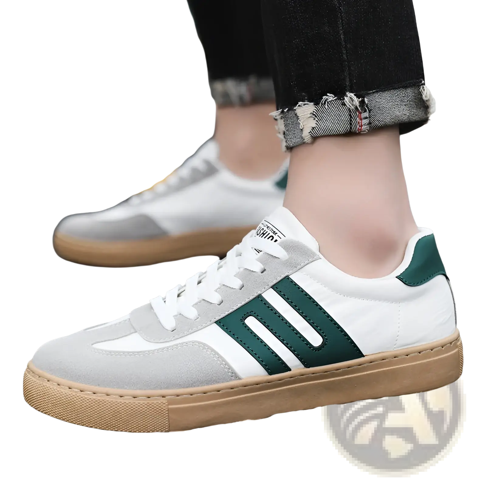 Men’s casual suede low top board shoes in white and gray canvas with bold green stripes and tan rubber soles