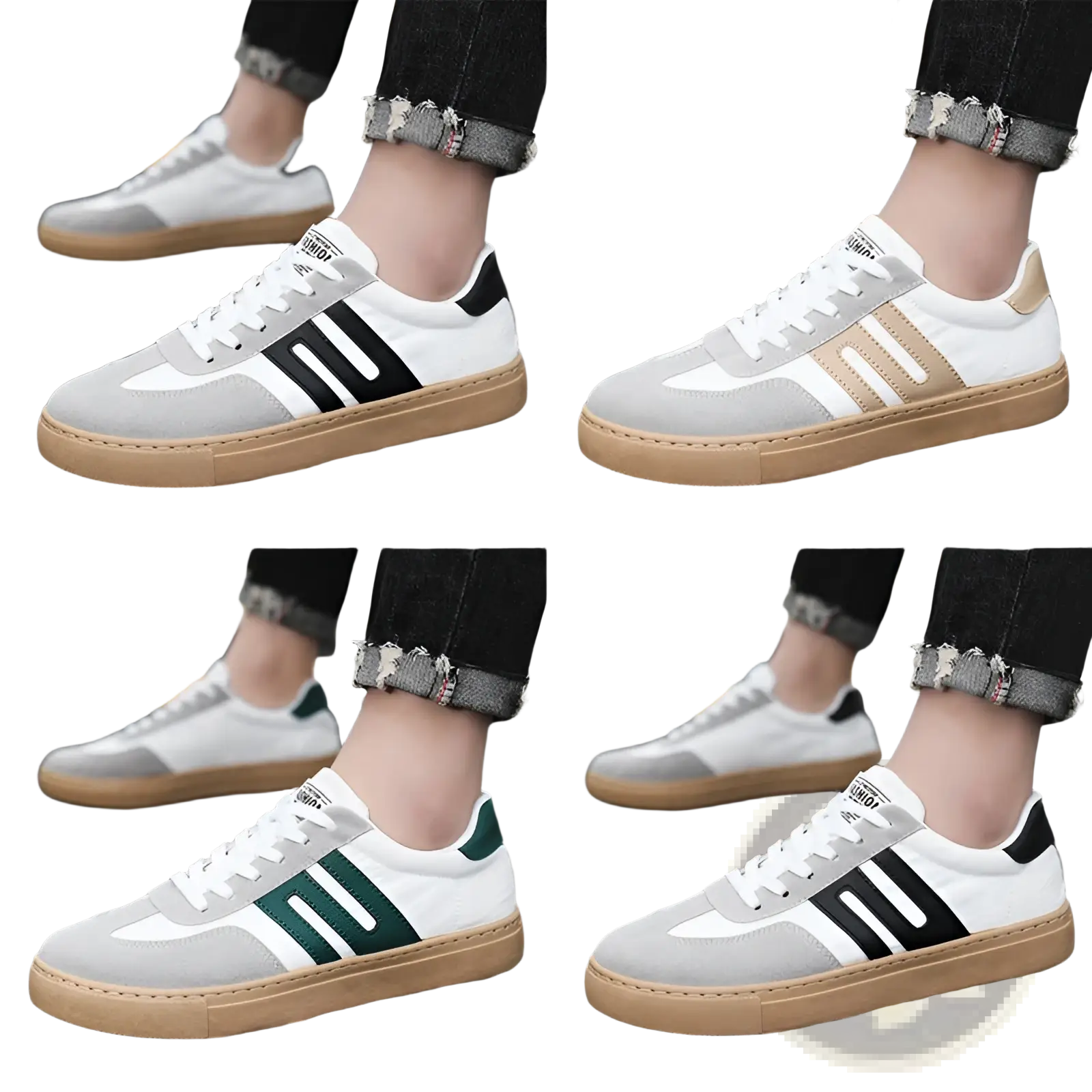 Men’s casual suede low top fashion board shoes with white gray black and green striped canvas and tan rubber sole