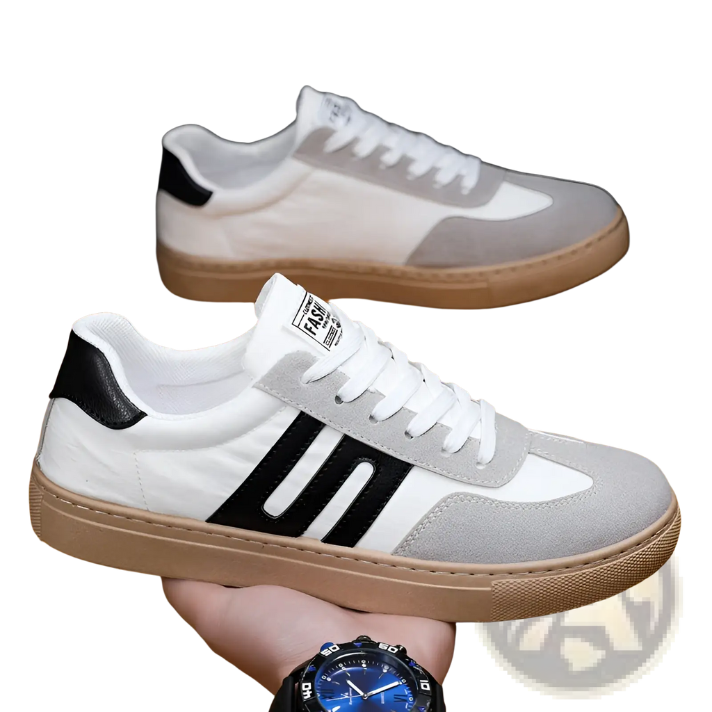 Men’s casual suede low top fashion board shoes in white and gray with black stripes and tan rubber sole