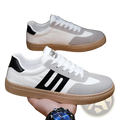 Men’s casual suede low top fashion board shoes in white and gray with black stripes and tan rubber sole