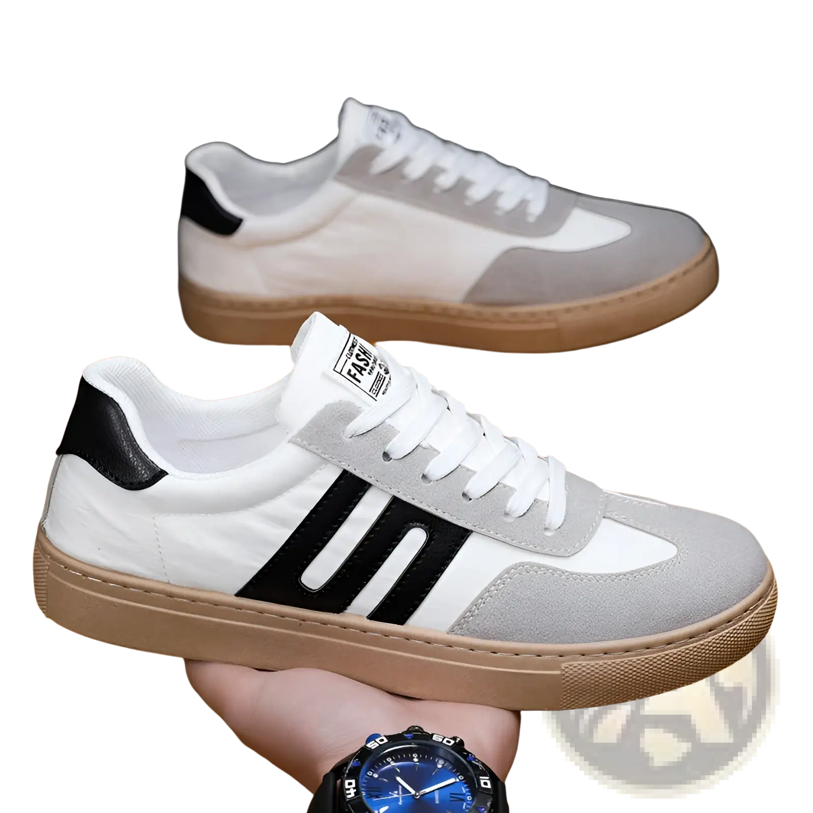Men’s casual suede low top fashion board shoes in white and gray with black stripes and tan rubber sole