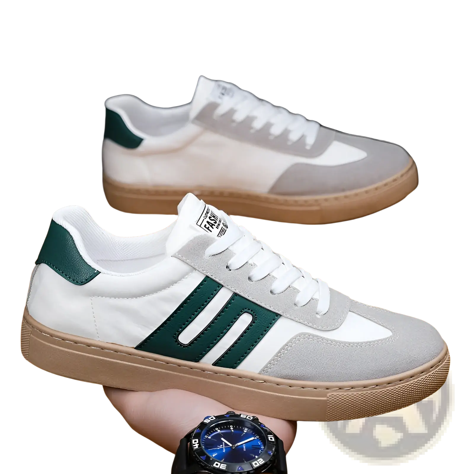 Men’s casual suede low top fashion board shoes in white and gray with green stripes canvas upper and suede accents