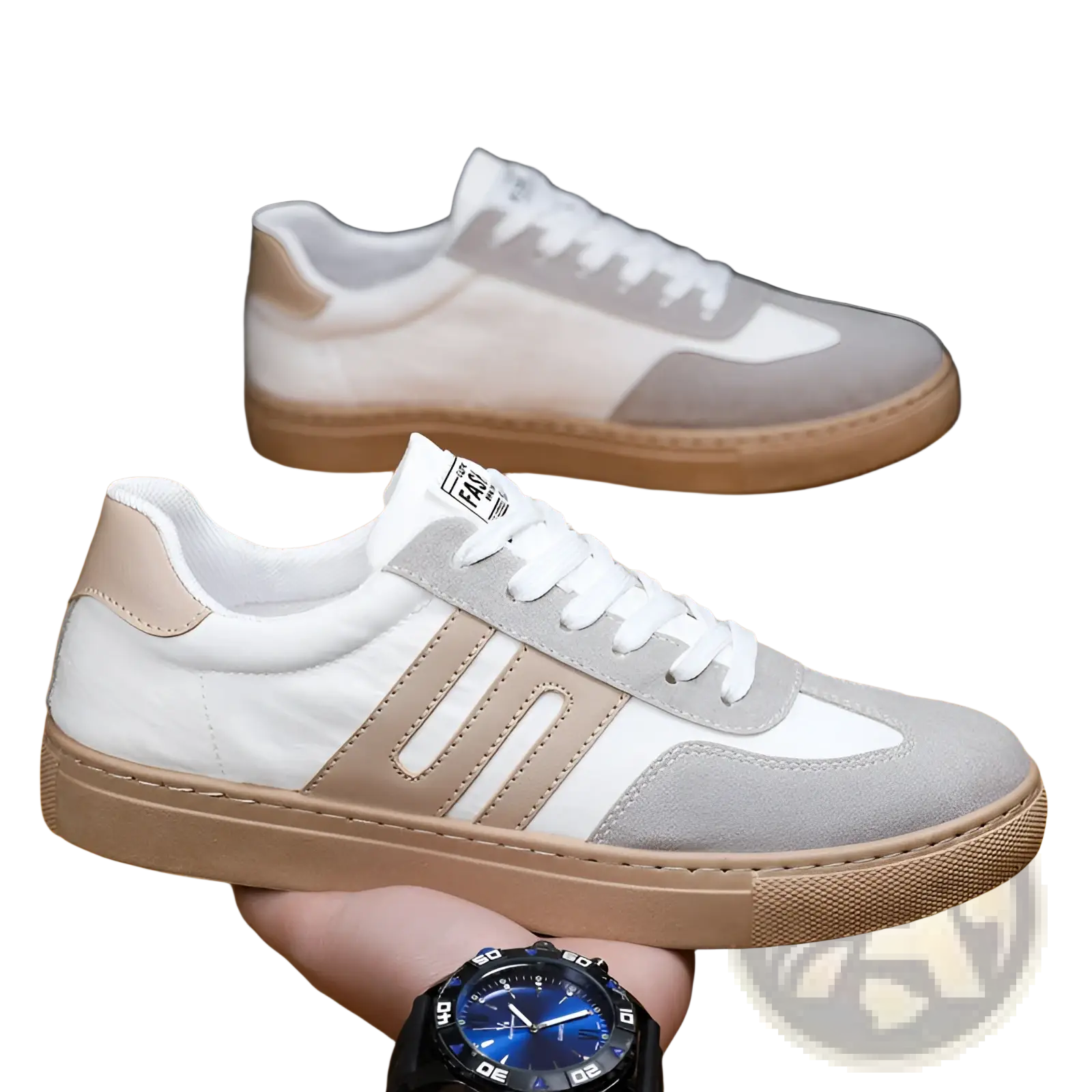 Men’s casual suede low top fashion board shoe in white and beige with suede trim and tan rubber sole