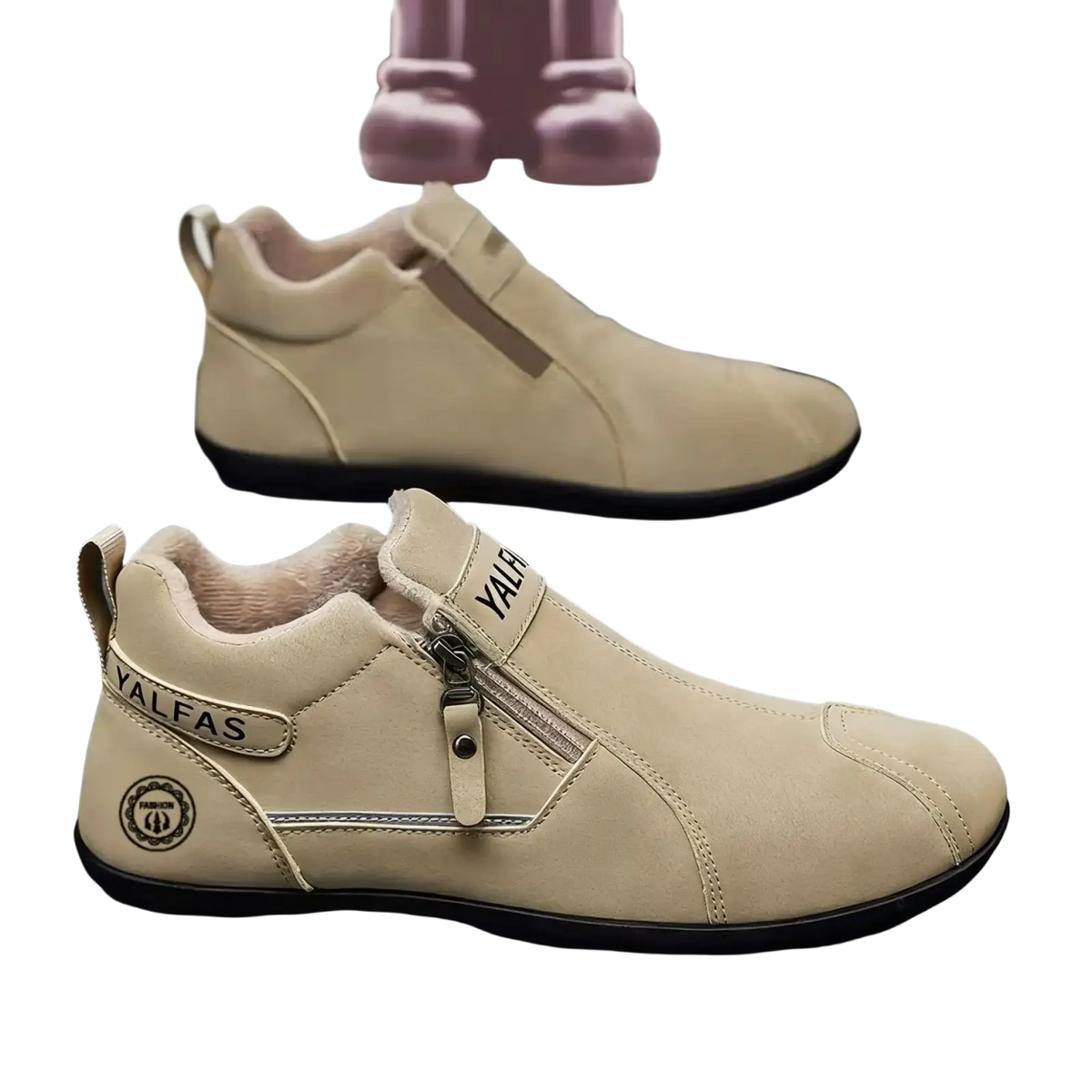 Men’s casual beige suede slip-on sneakers with zipper closure, plush lining, and yalfas logo on the side
