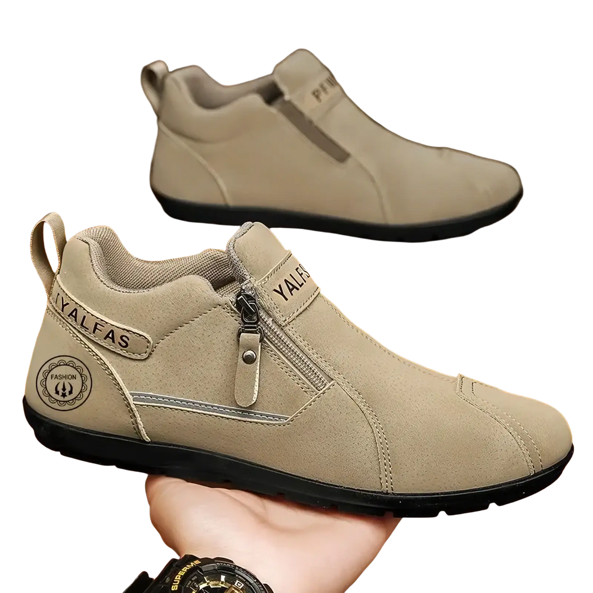 Beige suede men’s casual slip-on zipper sneakers with black rubber sole and yalfas logo on the tongue