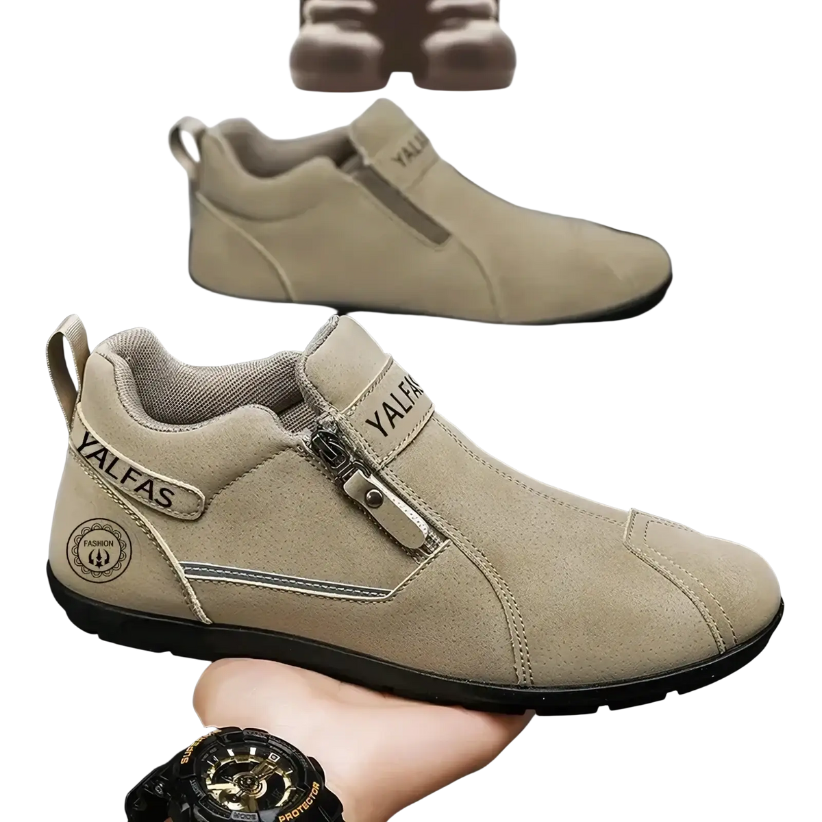Men’s casual beige suede slip-on sneakers with zipper closure and black rubber sole by Yalfas