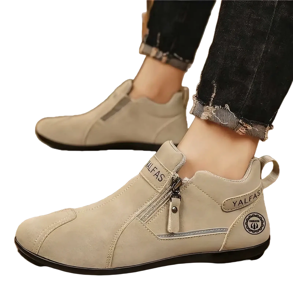 Men’s casual beige suede slip on sneakers with zipper closure and black rubber soles for everyday wear