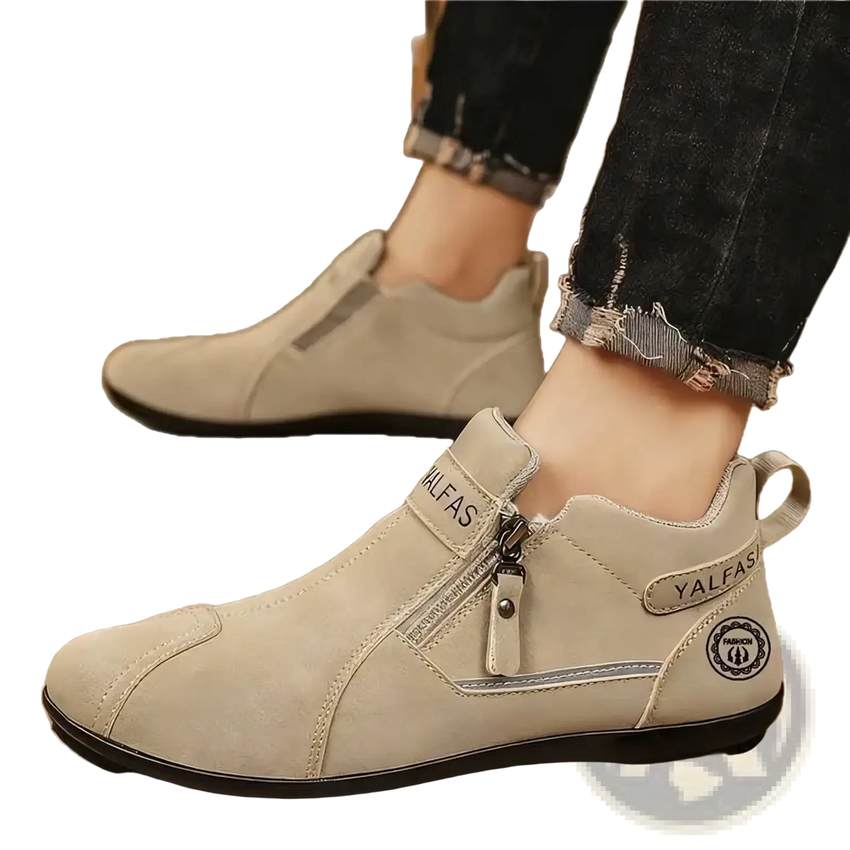 Men’s casual beige suede slip on sneakers with zipper closure and black rubber soles for everyday wear