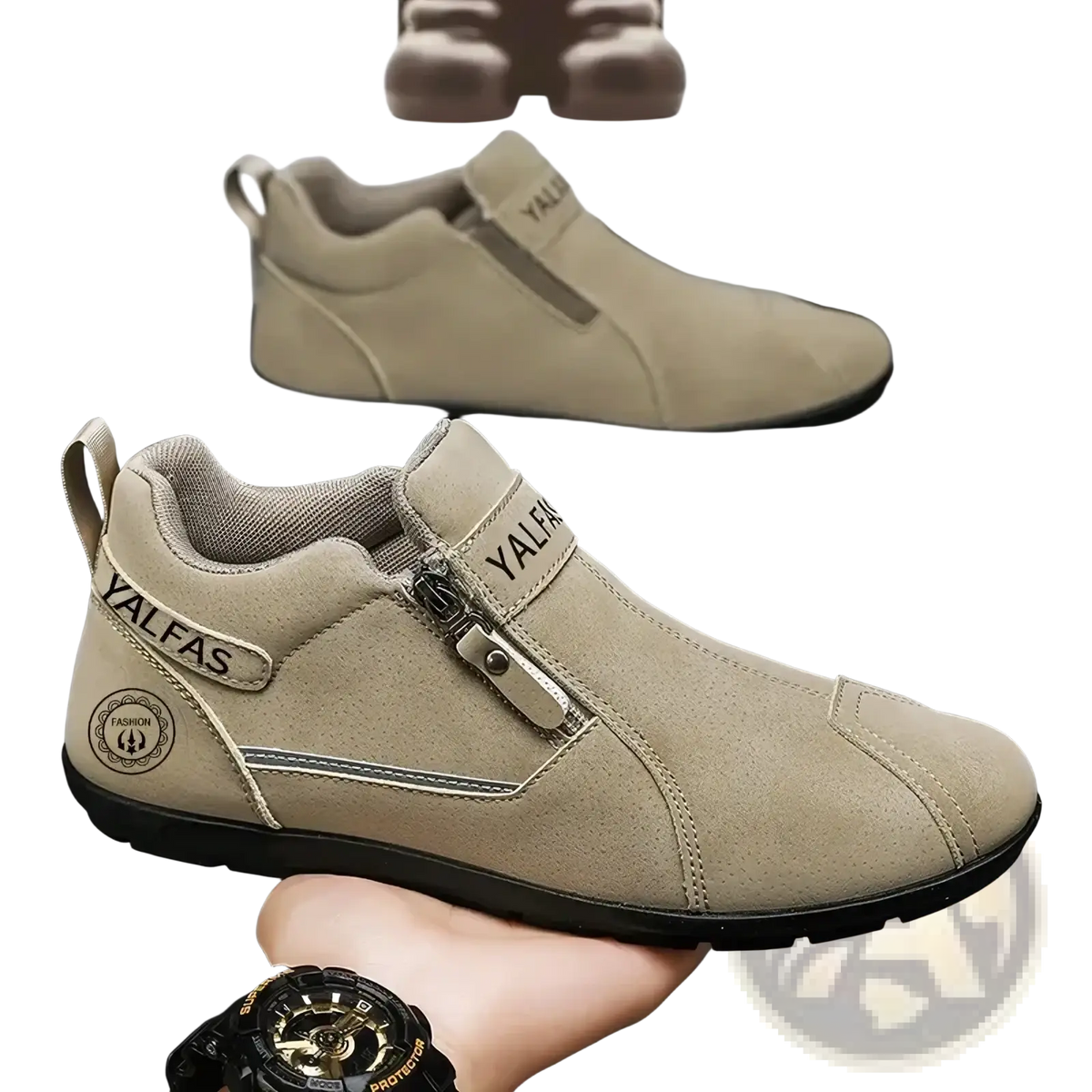 Men’s casual beige suede slip-on sneakers with zipper closure and black rubber sole by Yalfas