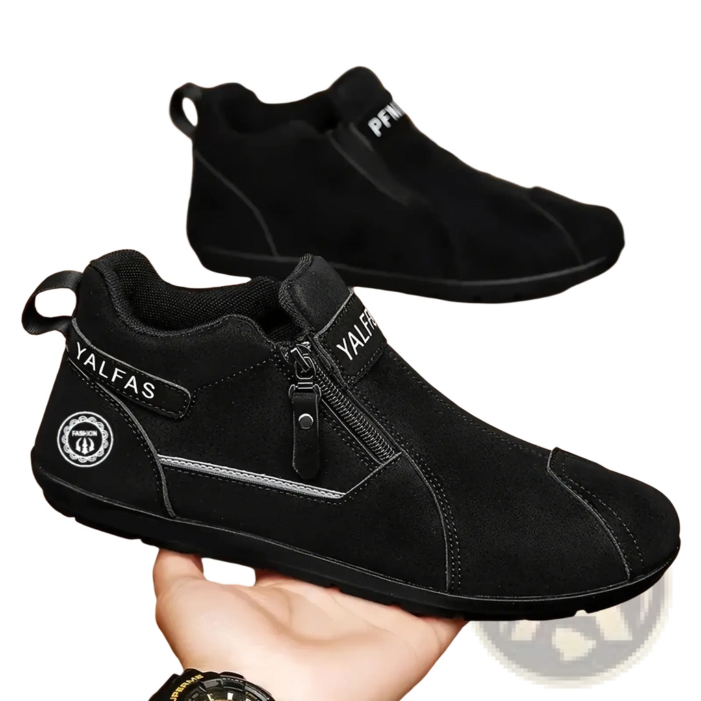 Men’s black suede high-top casual slip-on sneaker with zipper closure and yalfas branding on the side