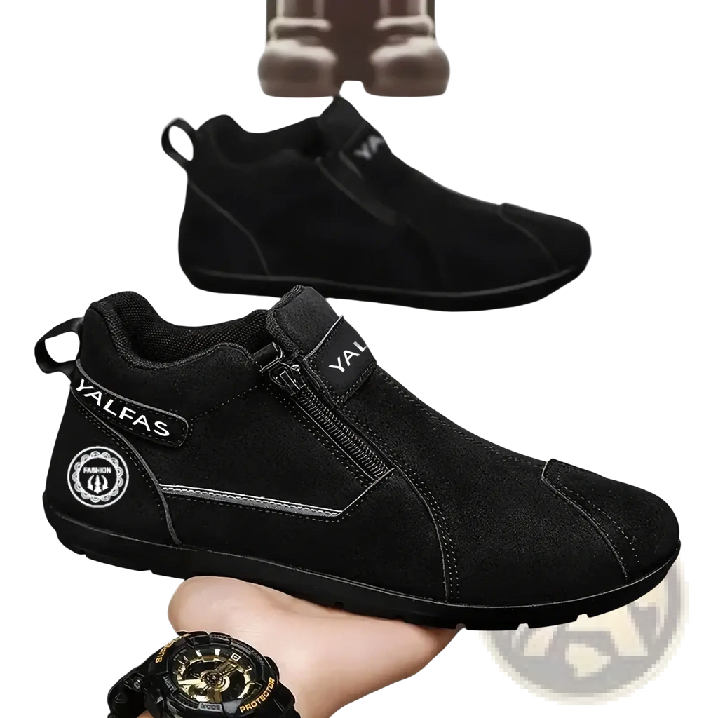 Men’s casual black suede slip on sneakers with zipper closure and subtle white branding details