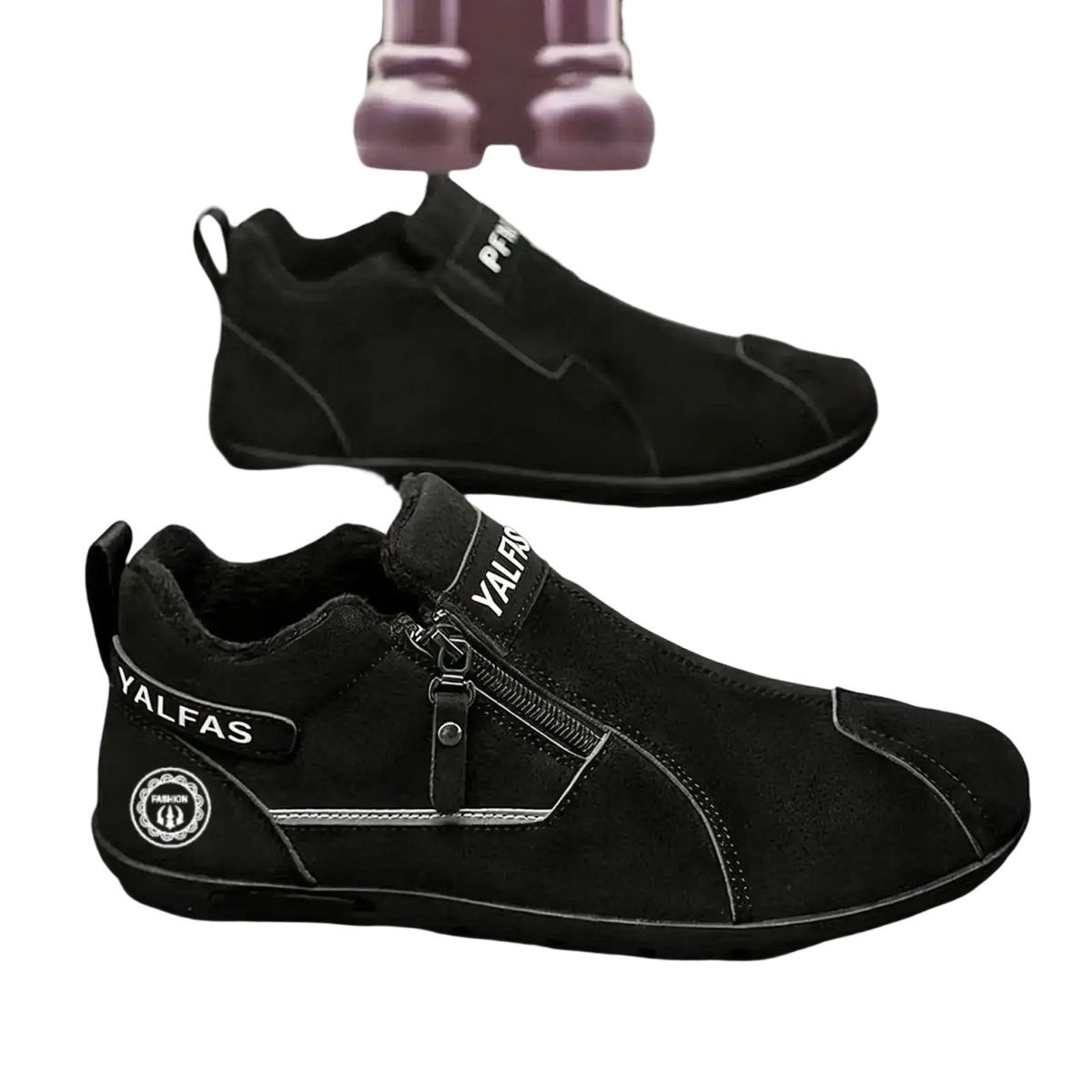 Men’s casual black suede slip on sneakers with zipper closure and white stitching details