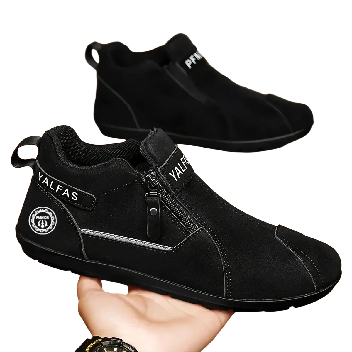 Men’s black suede high-top casual slip-on sneaker with zipper closure and yalfas branding on the side