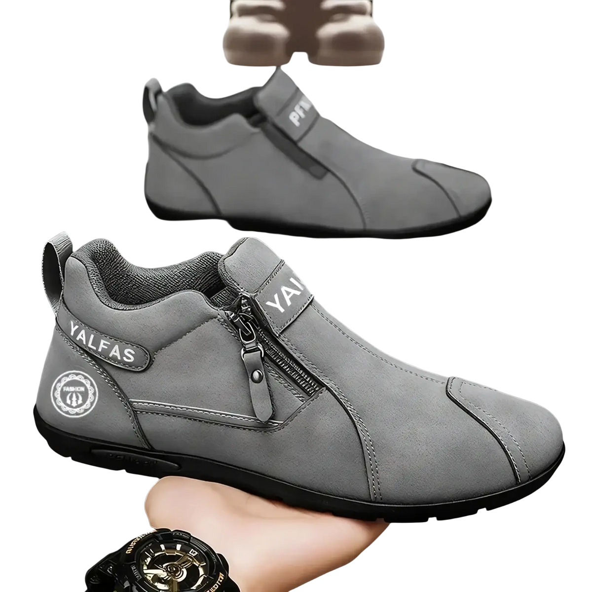 Men’s casual gray suede slip-on sneakers with zipper closure and yalfas branding on the side