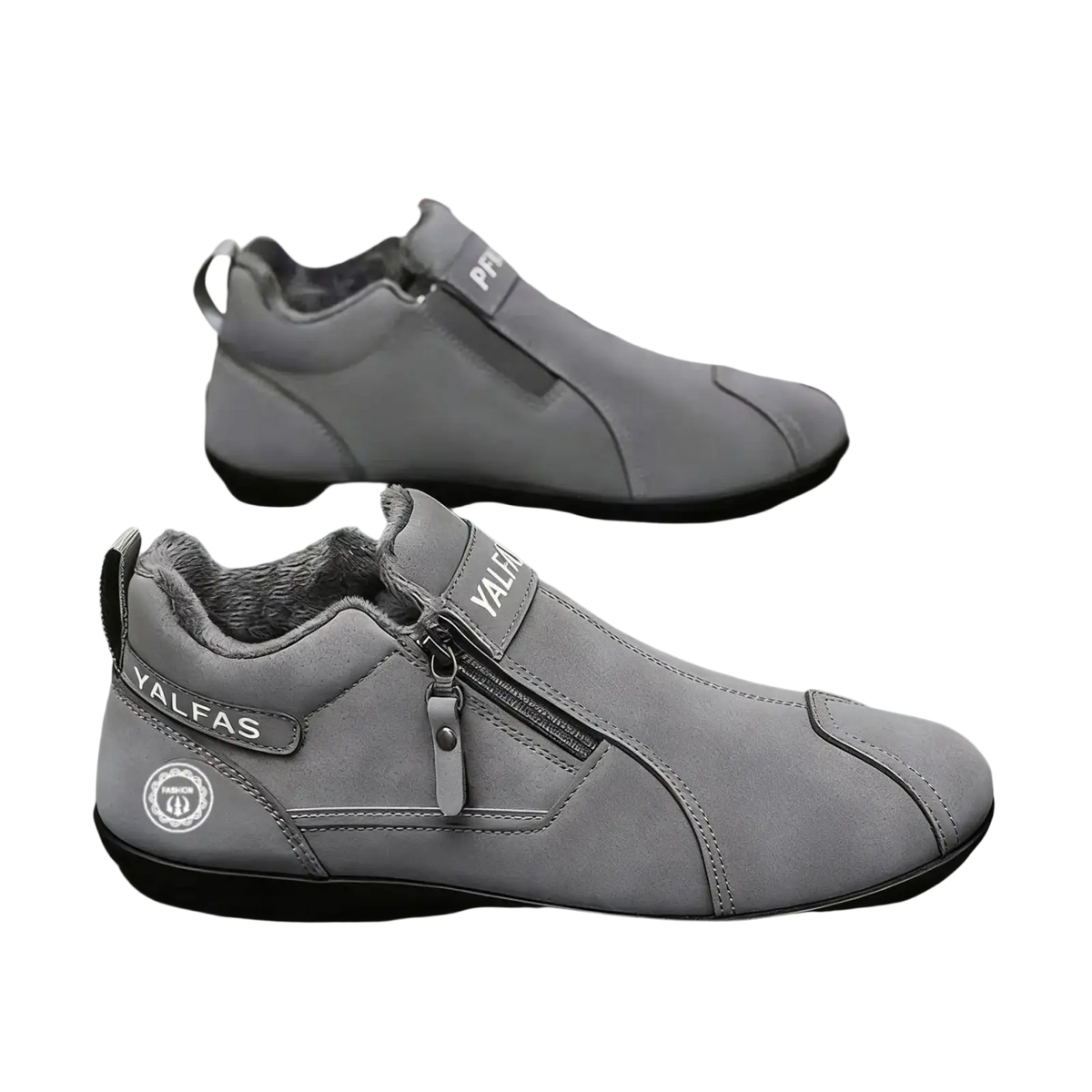 Gray suede men’s casual slip-on sneakers with zipper closure and plush lining featuring yalfas logo on side