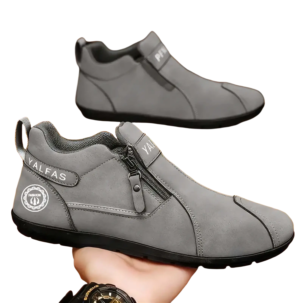 Men’s casual gray suede slip-on sneakers with black rubber sole and zipper closure for easy wear
