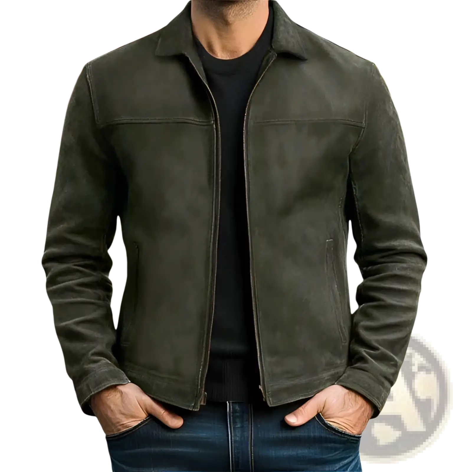 Men’s casual olive green suede jacket with classic lapel collar and front zipper closure