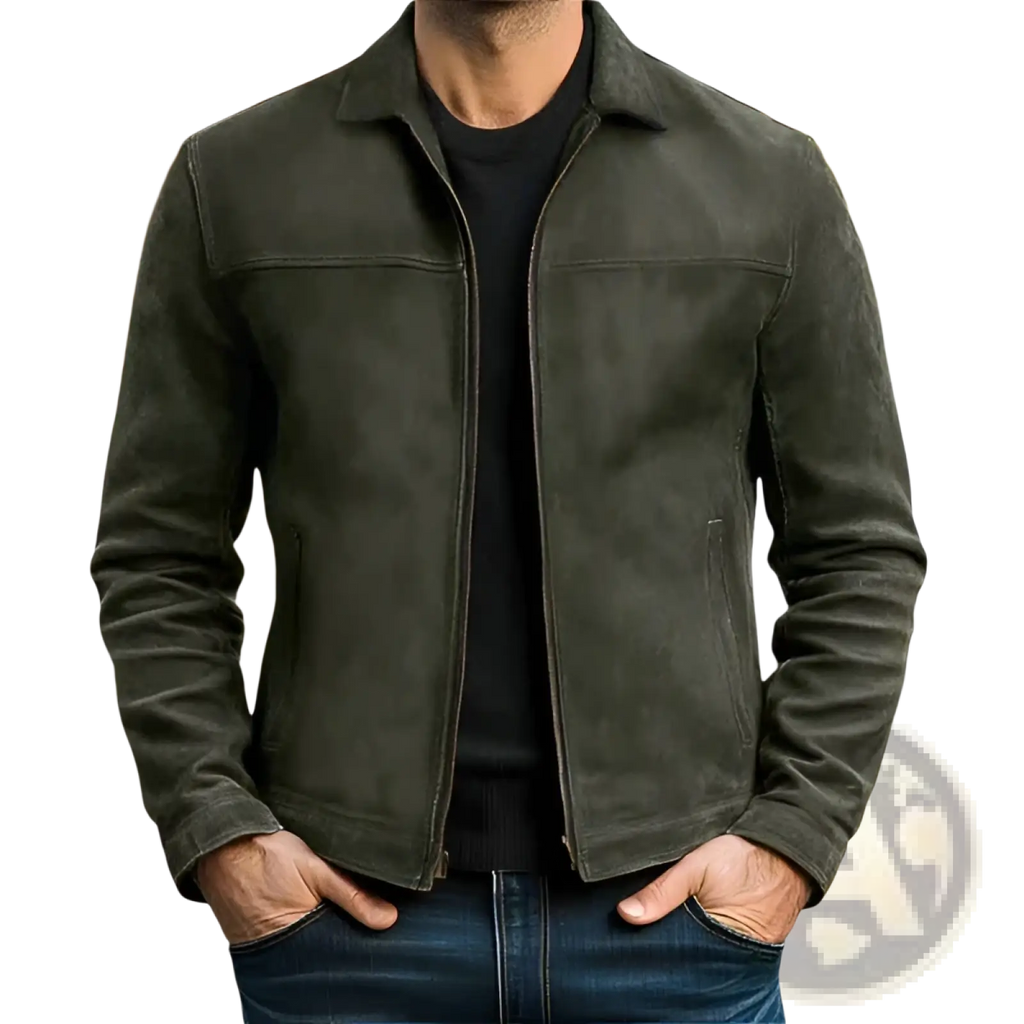 Men’s casual olive green suede jacket with classic lapel collar and front zipper closure