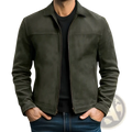 Men’s casual olive green suede jacket with classic lapel collar and front zipper closure