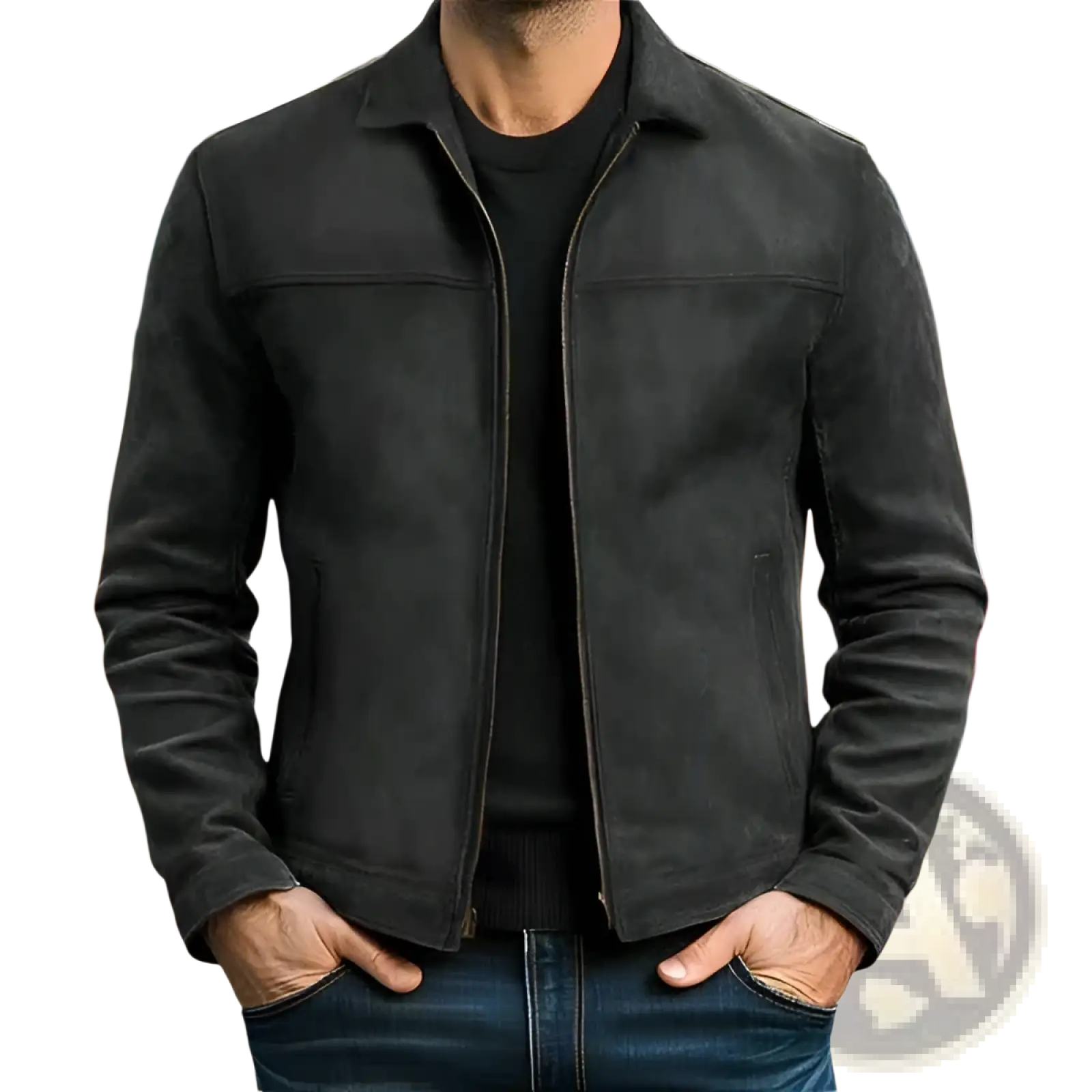 Black suede men’s casual jacket with classic lapel collar and front zipper for versatile style and comfort